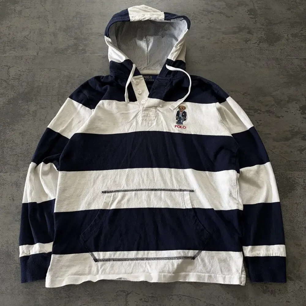 Mens Polo Ralph Lauren Polo Bear Striped Pullover Rugby Hoodie Size S